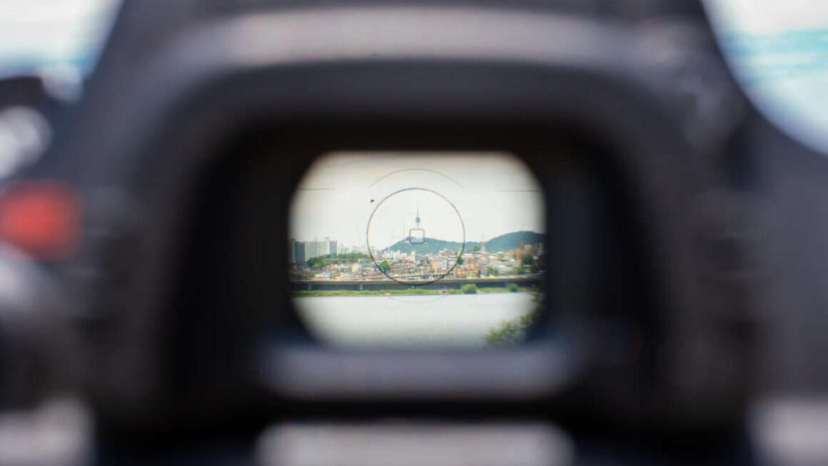 View through a Nikon D610 viewfinder fitted with an Eg-Af split-prism focusing screen, showing Namsan Seoul Tower centered behind the autofocus and spot-metering mark.